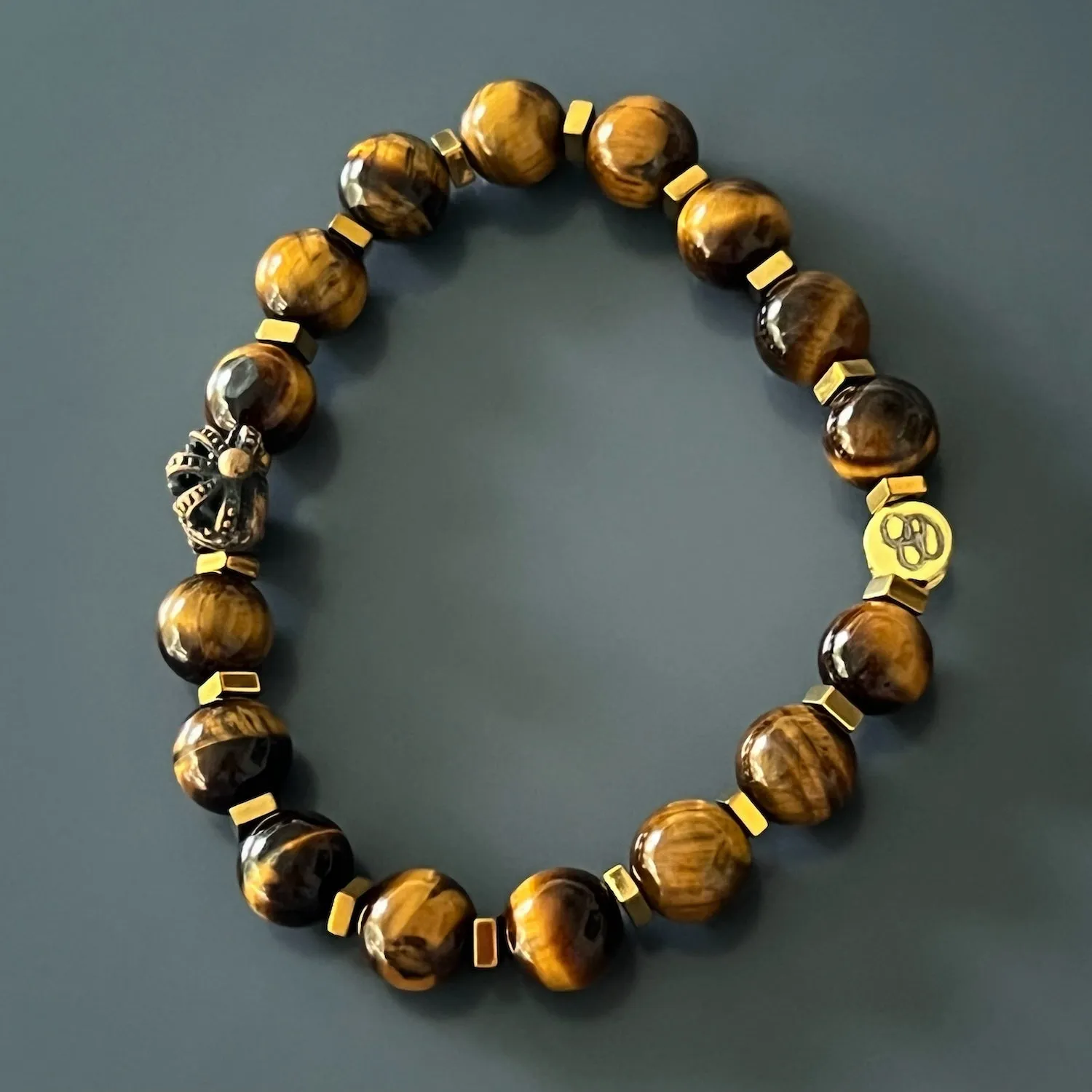 Tiger's Eye Stone Beaded King Skull Charm Bracelet