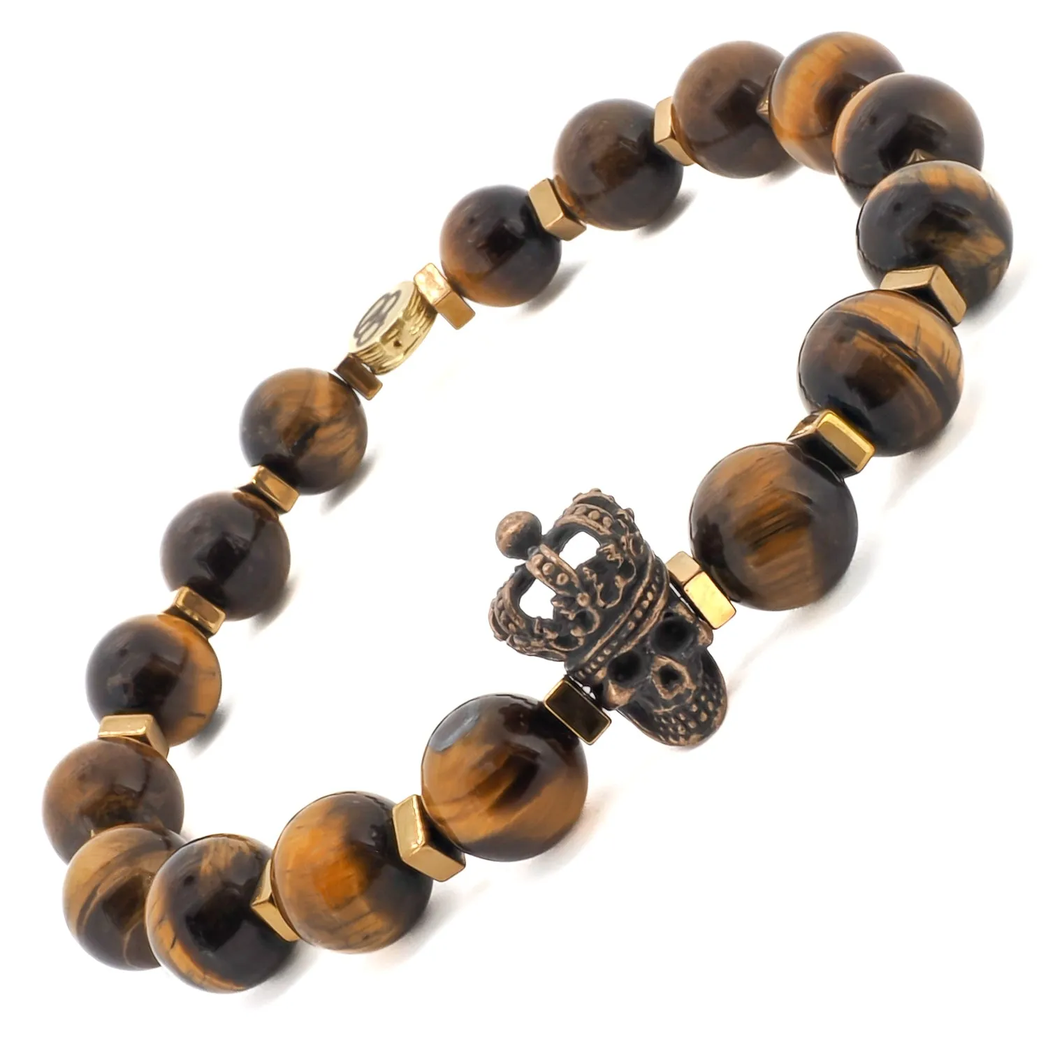 Tiger's Eye Stone Beaded King Skull Charm Bracelet