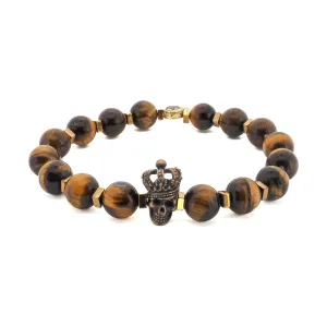 Tiger's Eye Stone Beaded King Skull Charm Bracelet