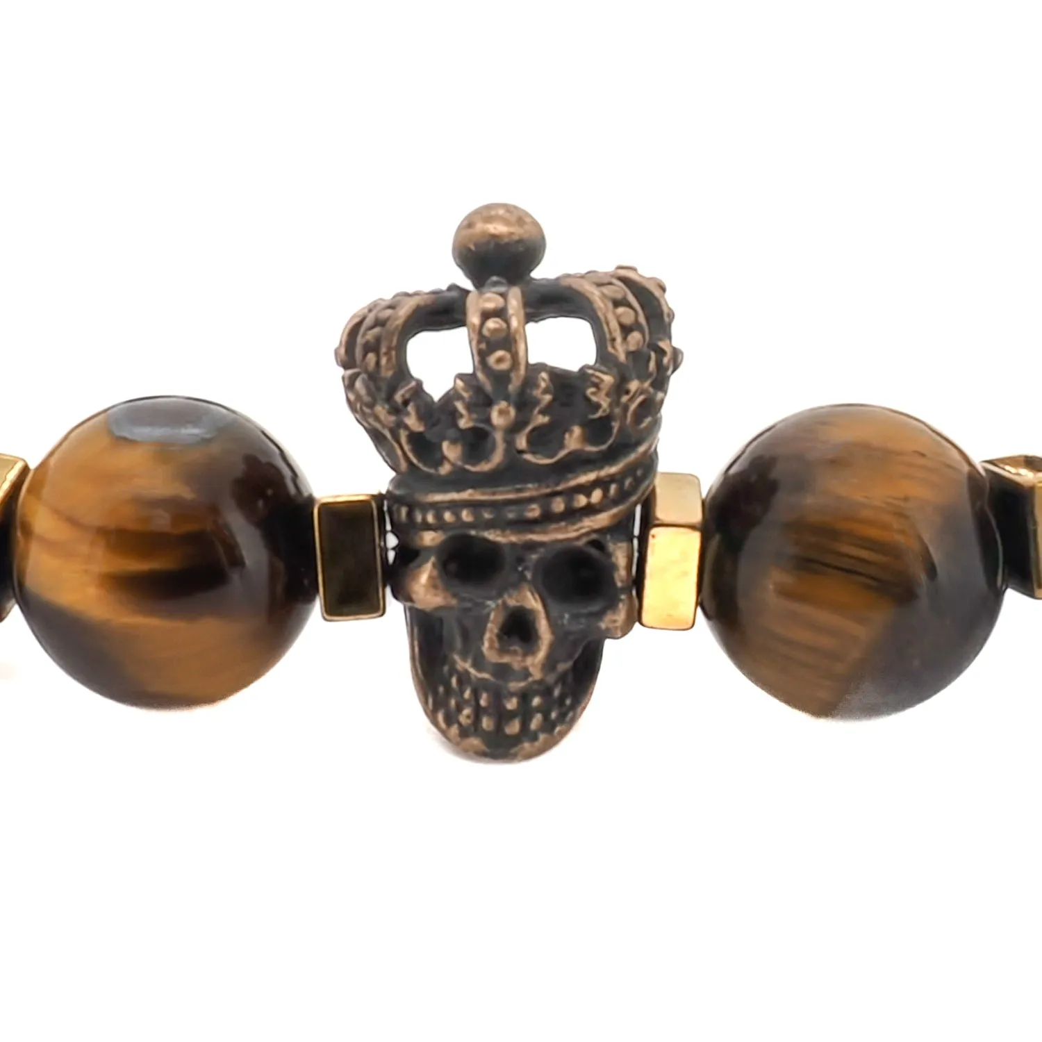 Tiger's Eye Stone Beaded King Skull Charm Bracelet