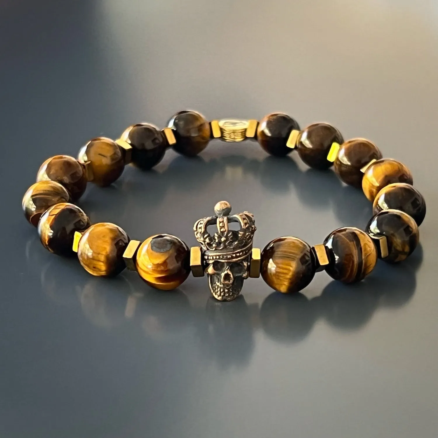 Tiger's Eye Stone Beaded King Skull Charm Bracelet