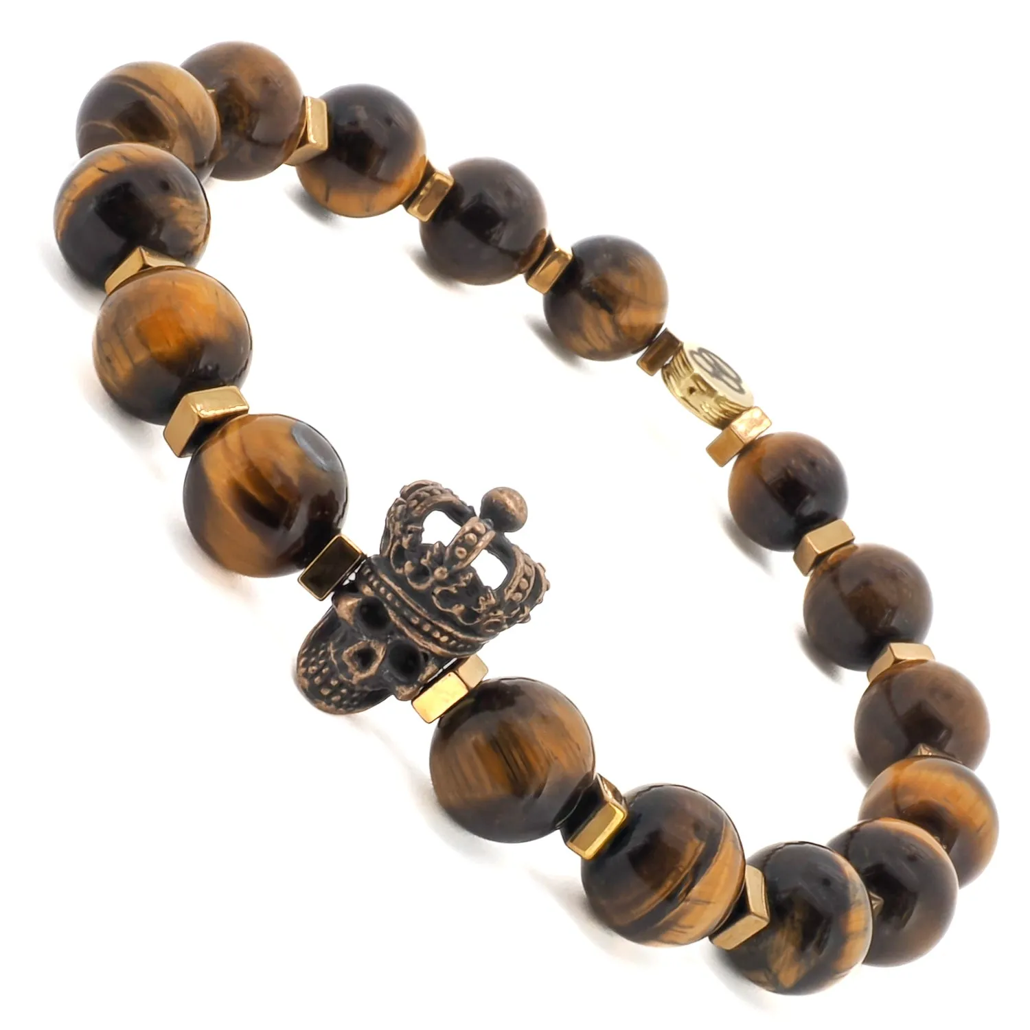 Tiger's Eye Stone Beaded King Skull Charm Bracelet