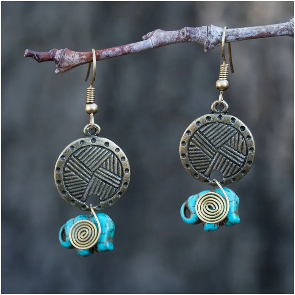 Turquoise Elephant Brass Boho Earrings