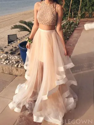 Two Pieces Champagne Tulle Beaded Long Evening Prom Dresses, A-line Custom Prom Dress, MR8266