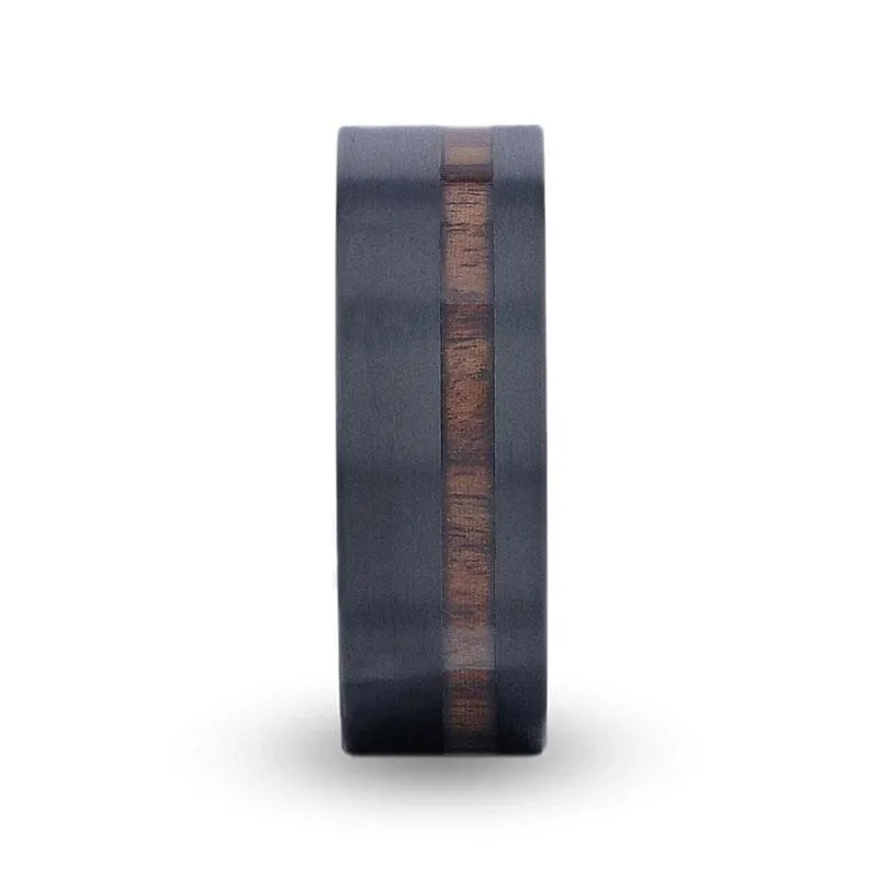VALDEZ Koa Wood Inlaid Flat Black Titanium Men's Band With Polished Finish 8mm