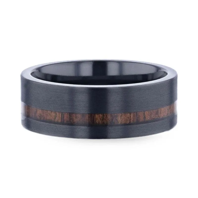 VALDEZ Koa Wood Inlaid Flat Black Titanium Men's Band With Polished Finish 8mm