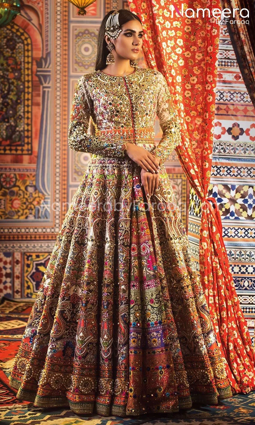 Vibrant Pakistani Bridal Frock in Ivory Color #BS62