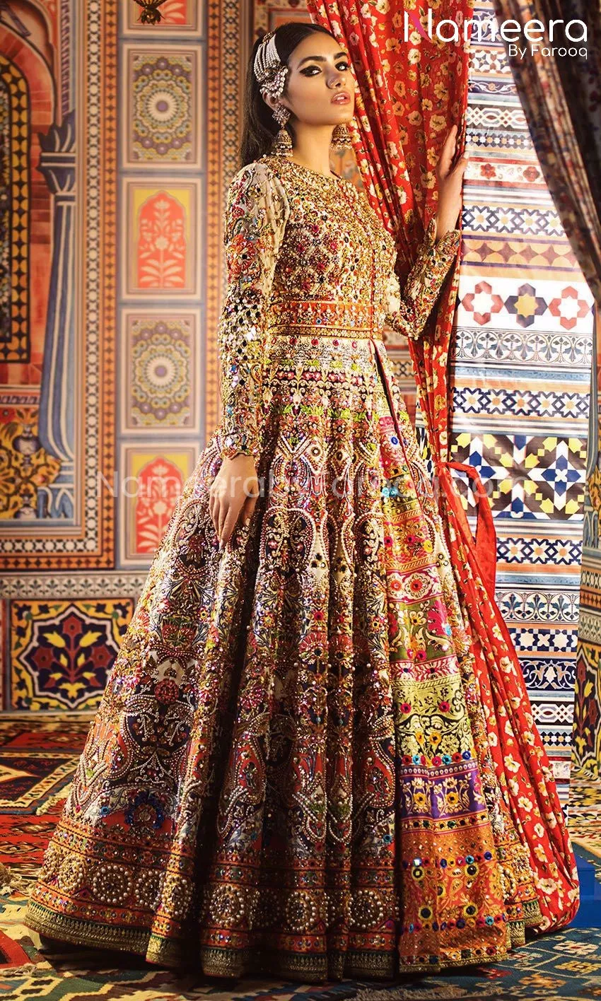 Vibrant Pakistani Bridal Frock in Ivory Color #BS62