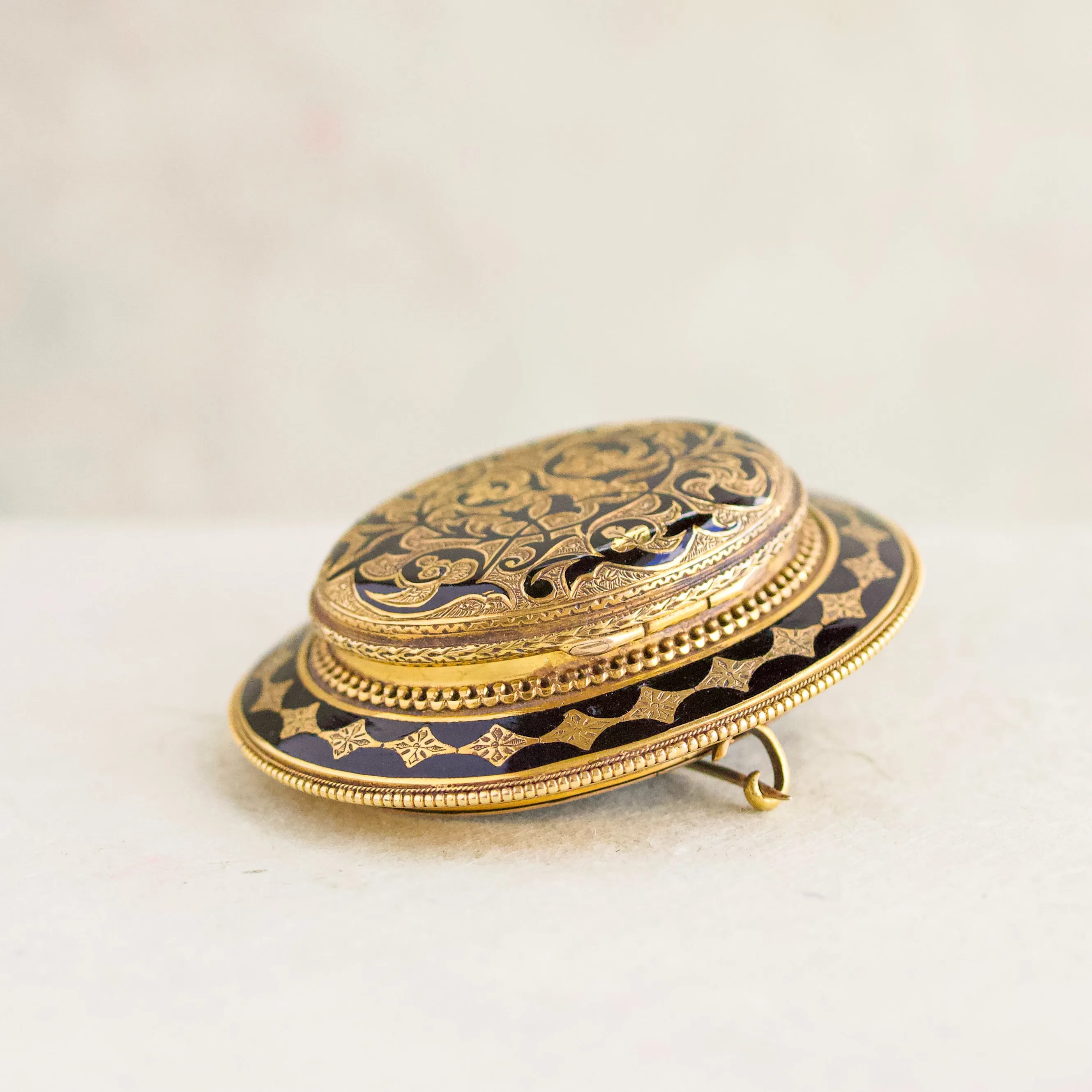 Victorian Black Enamel Locket Pin, 14k