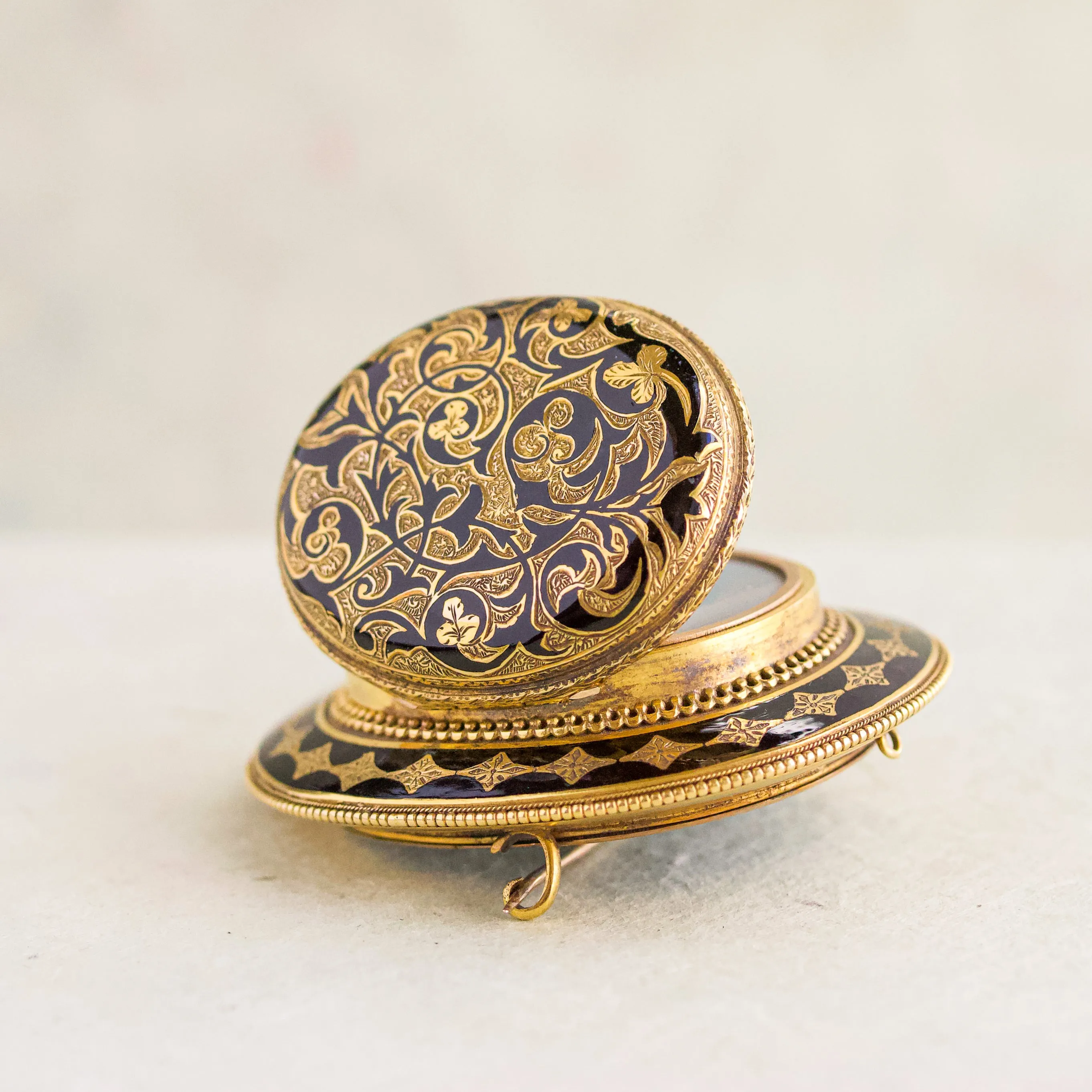 Victorian Black Enamel Locket Pin, 14k