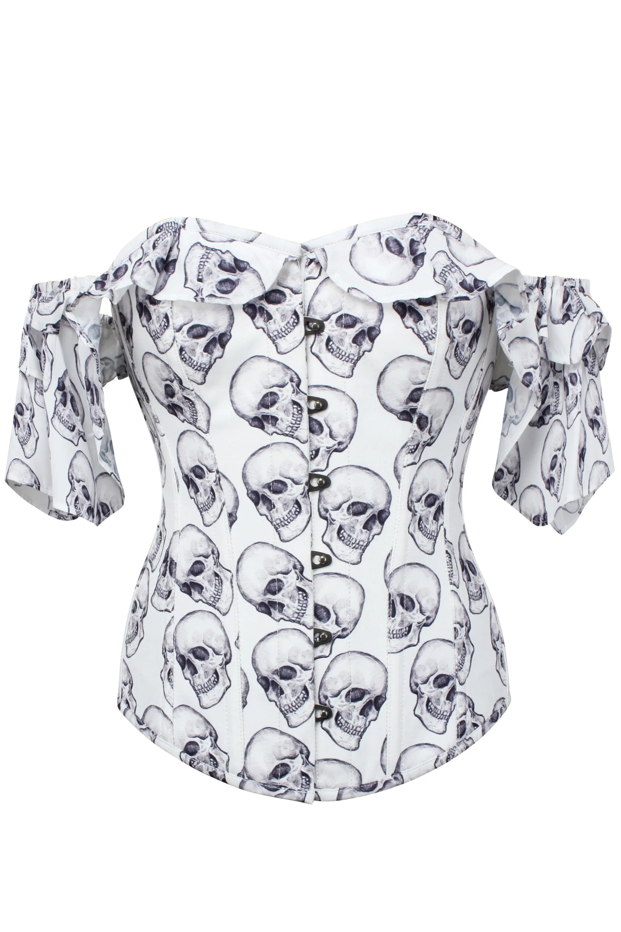 White And Grey Skull Gothic Corset Top With Frilled Sleeve
