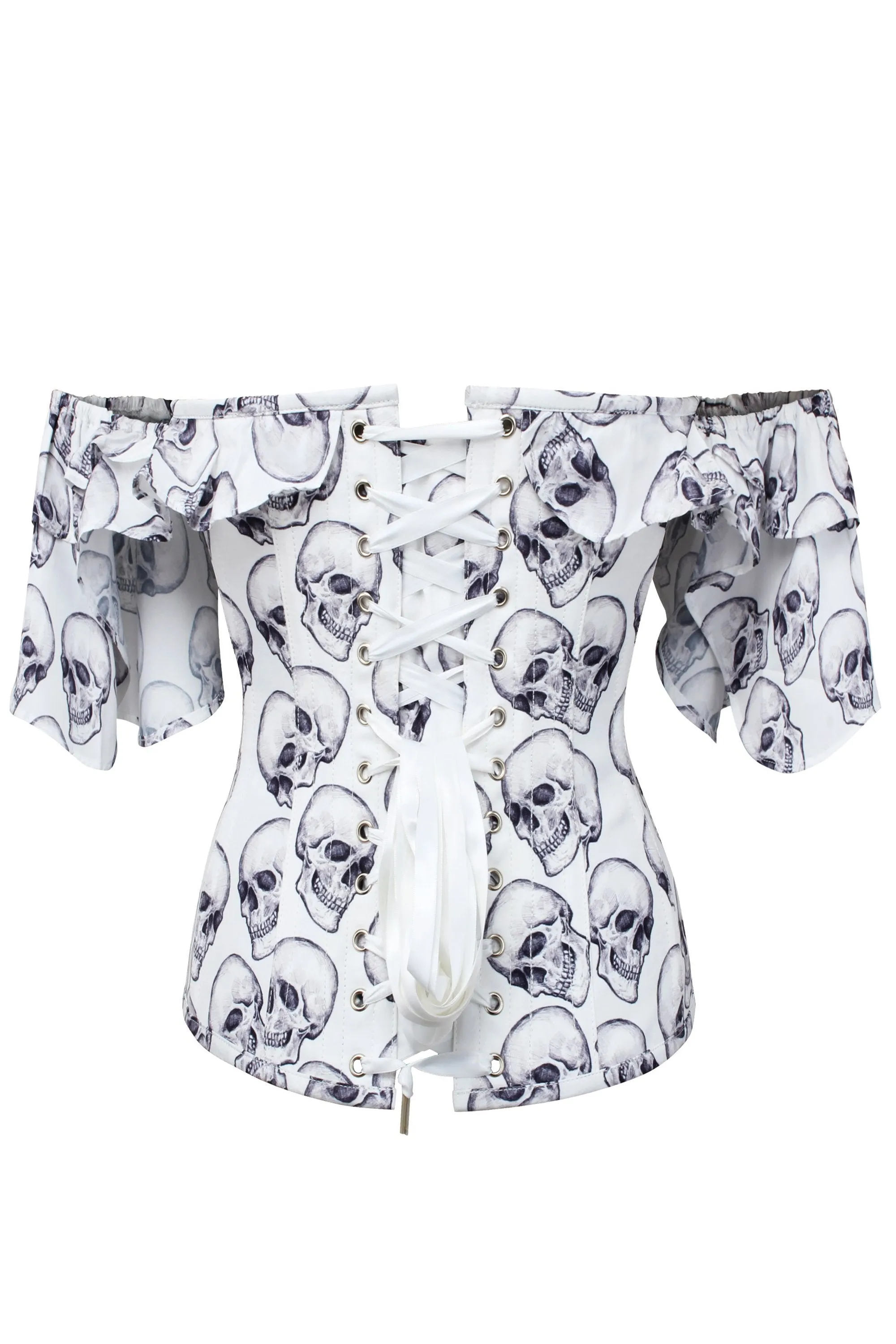 White And Grey Skull Gothic Corset Top With Frilled Sleeve