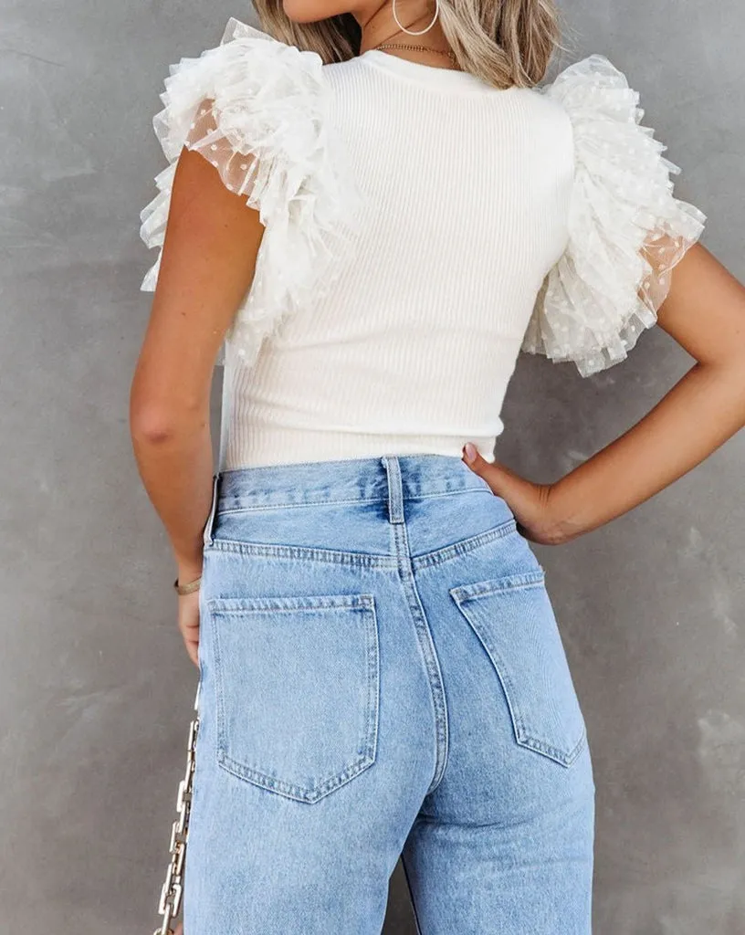 White Dotted Ruffle Sleeve Ribbed Knit Top