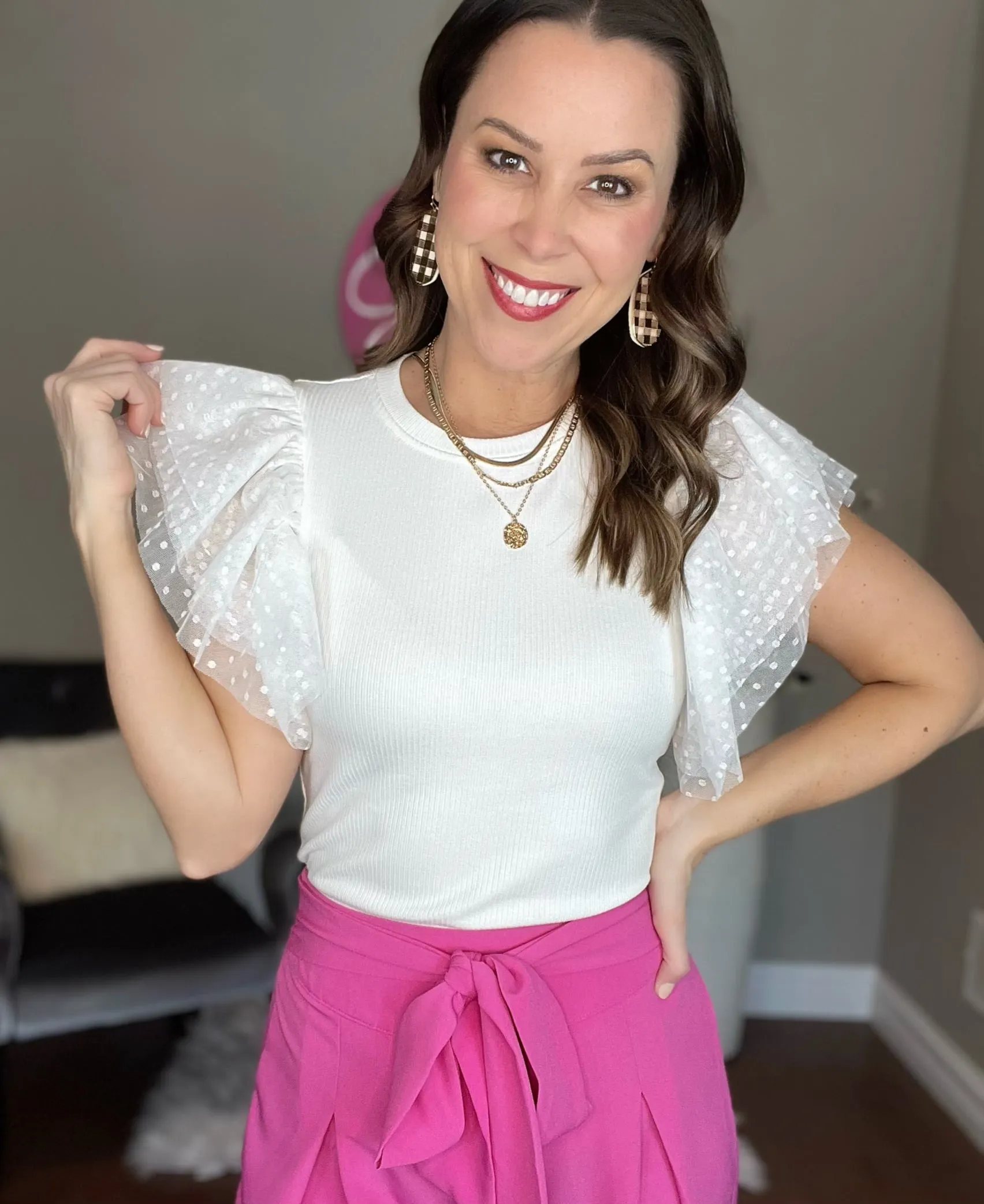 White Dotted Ruffle Sleeve Ribbed Knit Top
