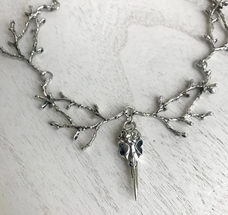 Wiccan Crow Raven Skull Necklace Fantasy Forest Branches Gothic Magic Pagan Jewelry