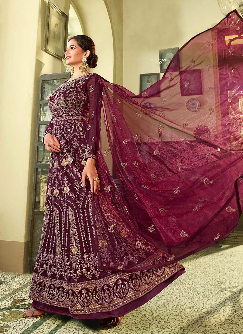 Wine Heavy Embroidered Kalidar Anarkali Suit