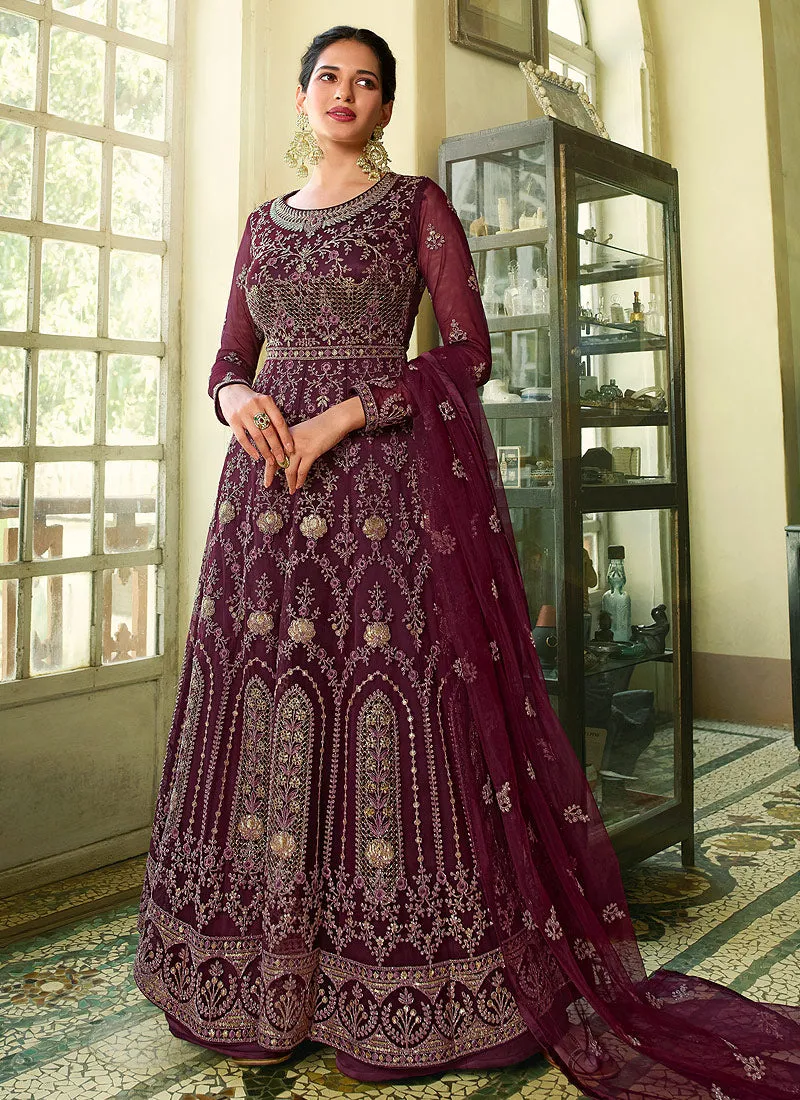 Wine Heavy Embroidered Kalidar Anarkali Suit