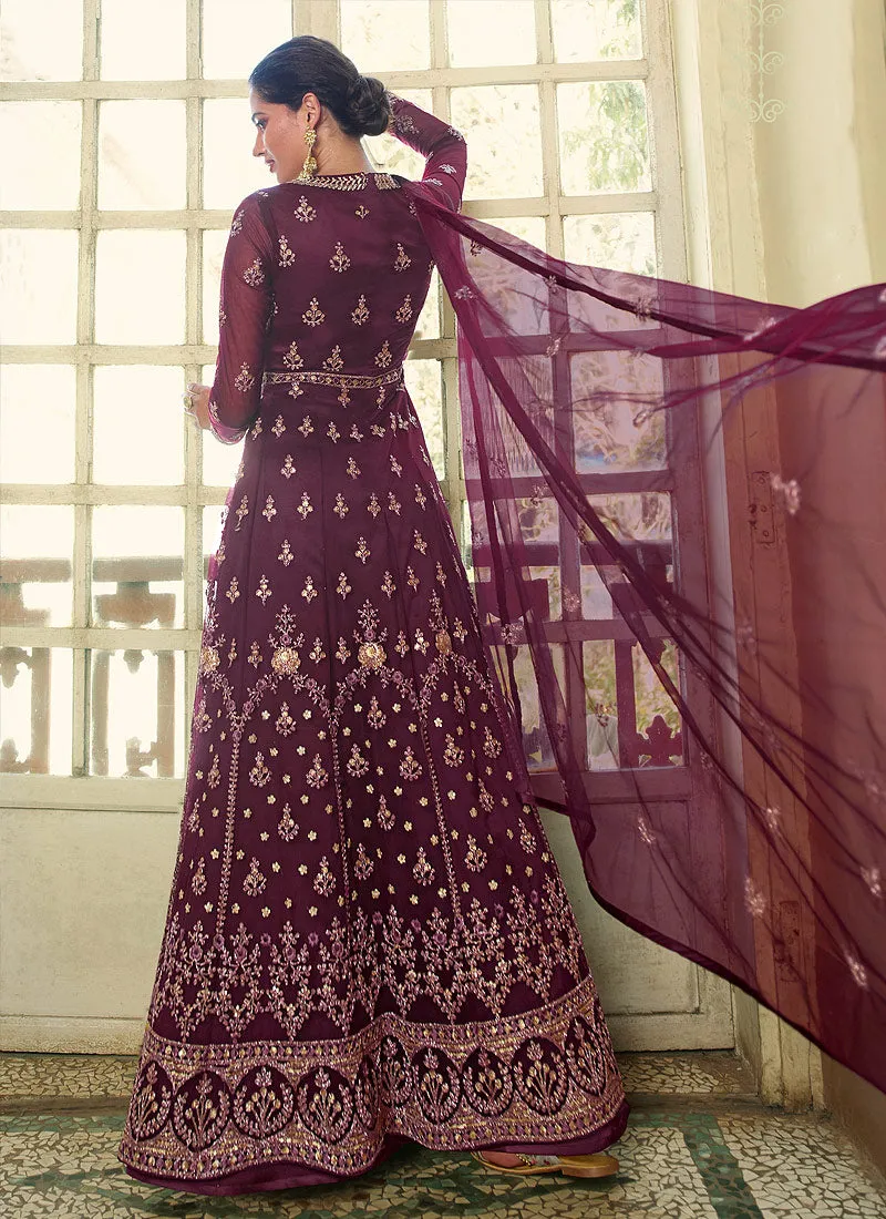 Wine Heavy Embroidered Kalidar Anarkali Suit