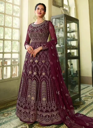 Wine Heavy Embroidered Kalidar Anarkali Suit