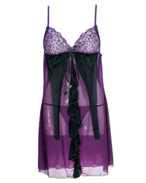 Women Sext Embroidered Short Net Nighty With Panty