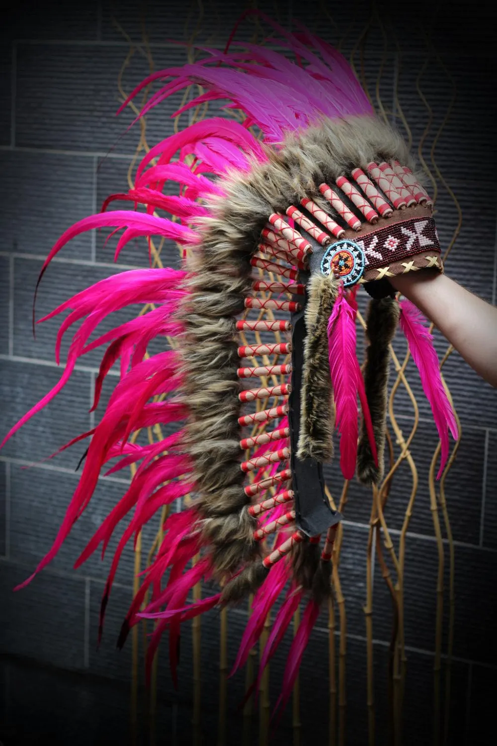 Y04 Indian Native American Style ,  Medium Pink Feather Headdress (36 inch long ).