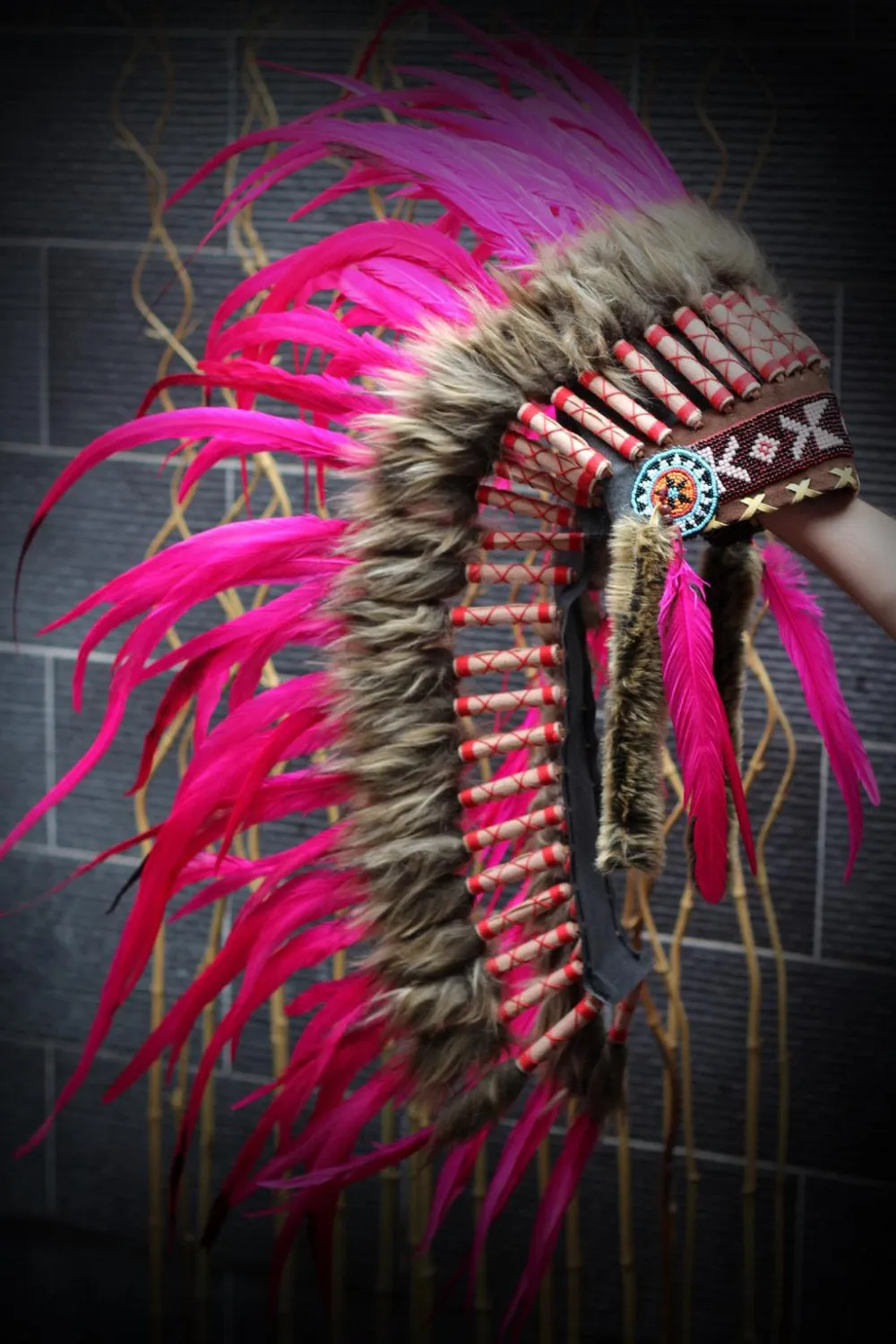 Y04 Indian Native American Style ,  Medium Pink Feather Headdress (36 inch long ).