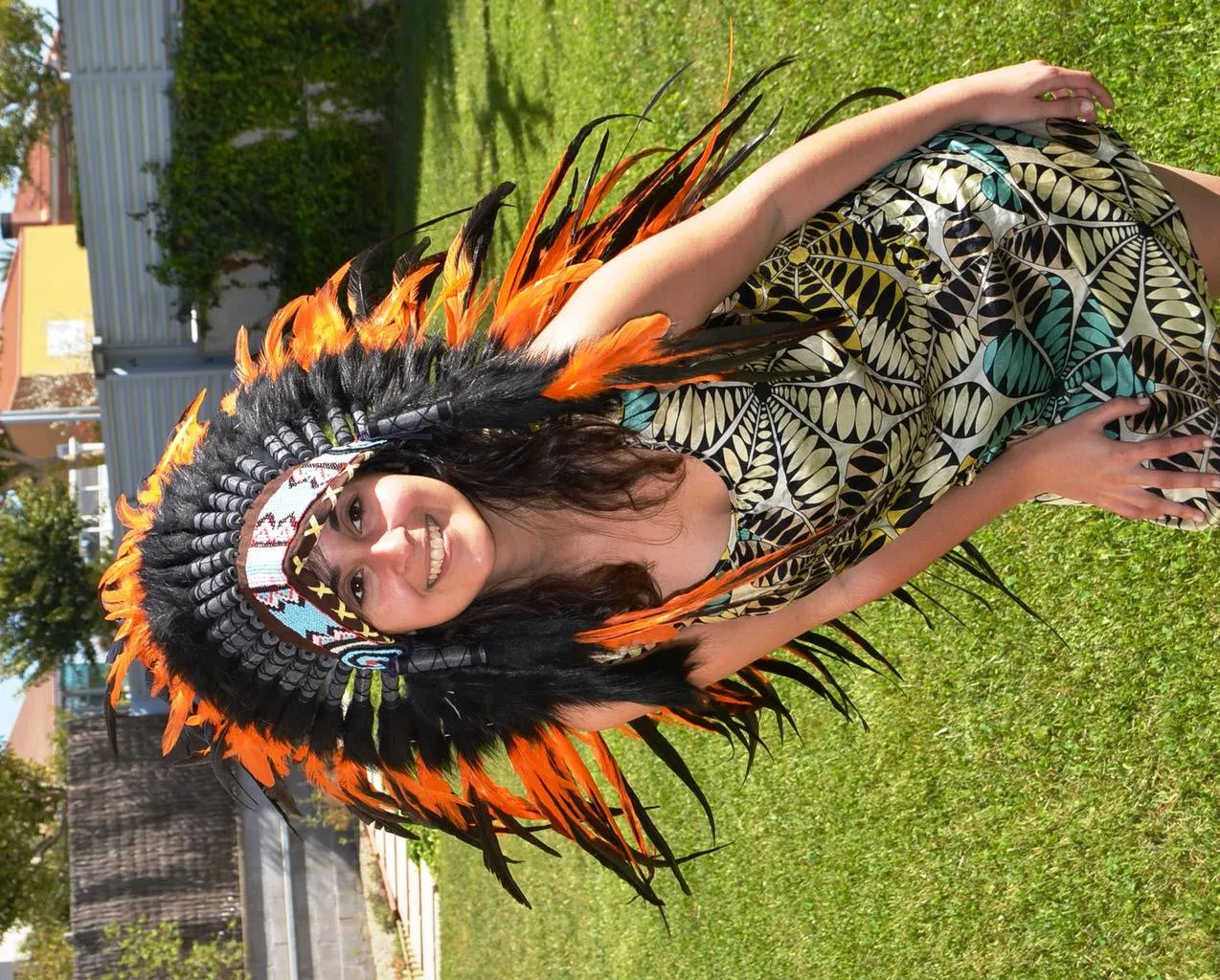 Y08 Medium Orange Feather Headdress (36 inch long )/ war bonnet. Perfect for halloween!