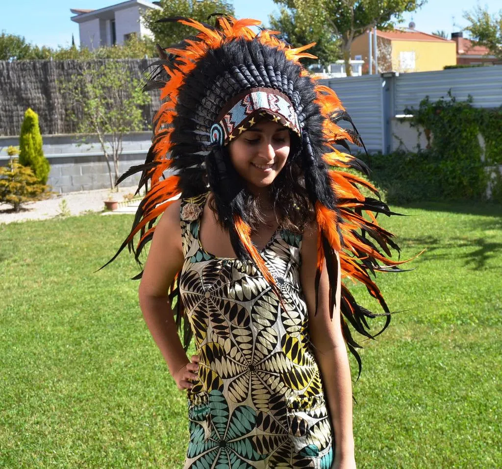 Y08 Medium Orange Feather Headdress (36 inch long )/ war bonnet. Perfect for halloween!