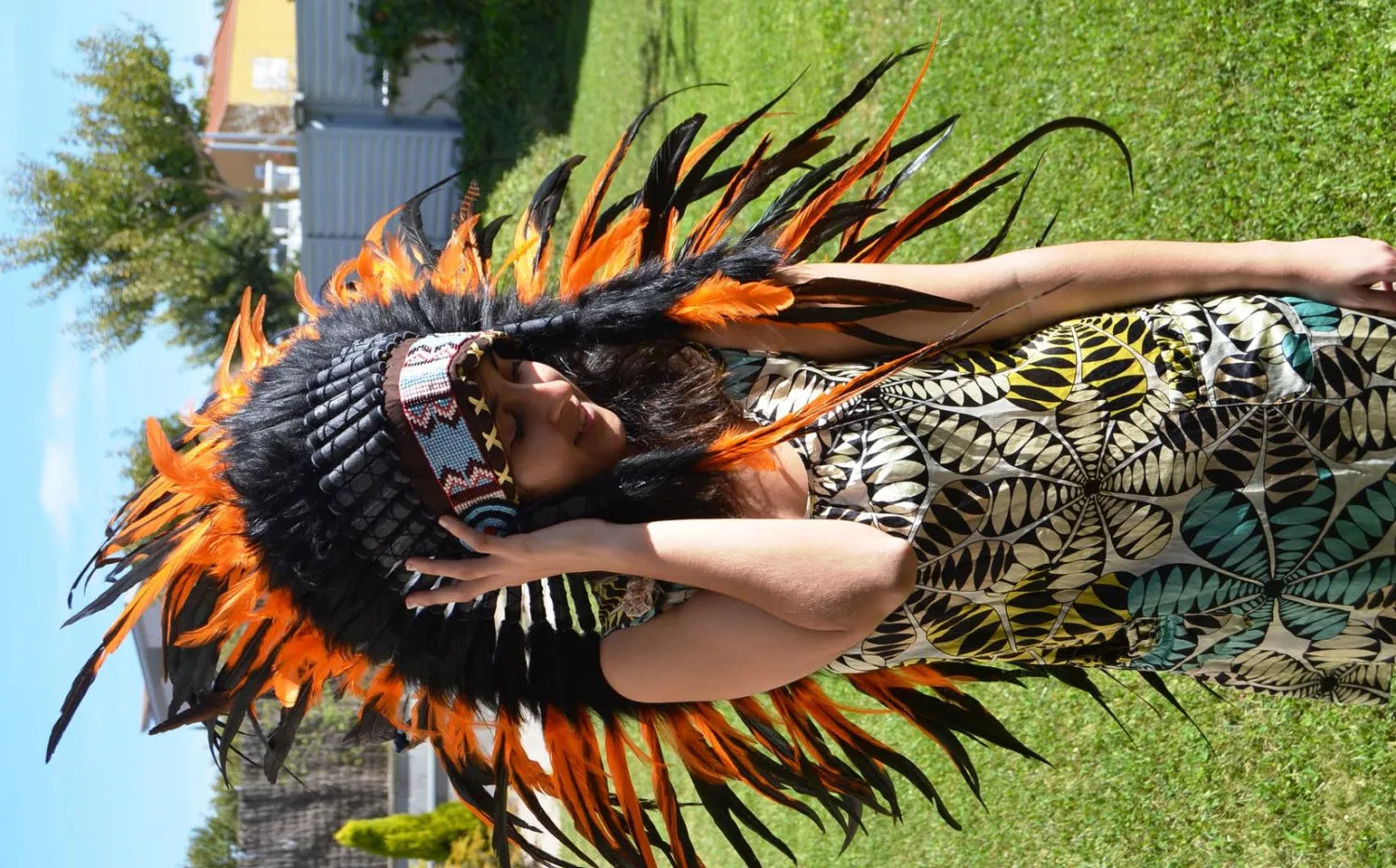Y08 Medium Orange Feather Headdress (36 inch long )/ war bonnet. Perfect for halloween!