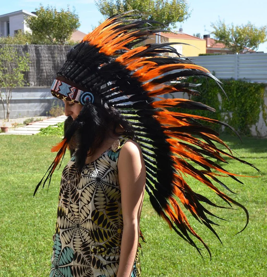 Y08 Medium Orange Feather Headdress (36 inch long )/ war bonnet. Perfect for halloween!