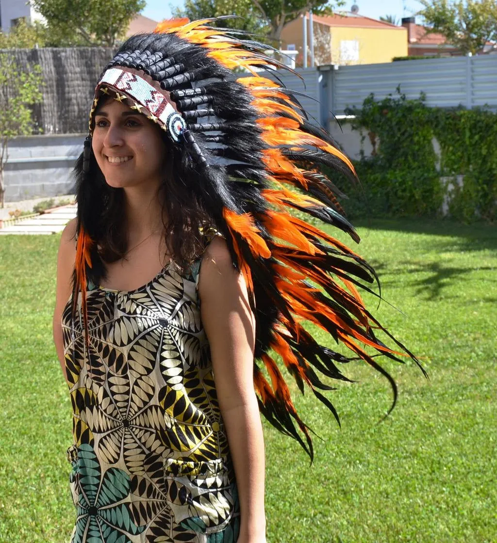 Y08 Medium Orange Feather Headdress (36 inch long )/ war bonnet. Perfect for halloween!