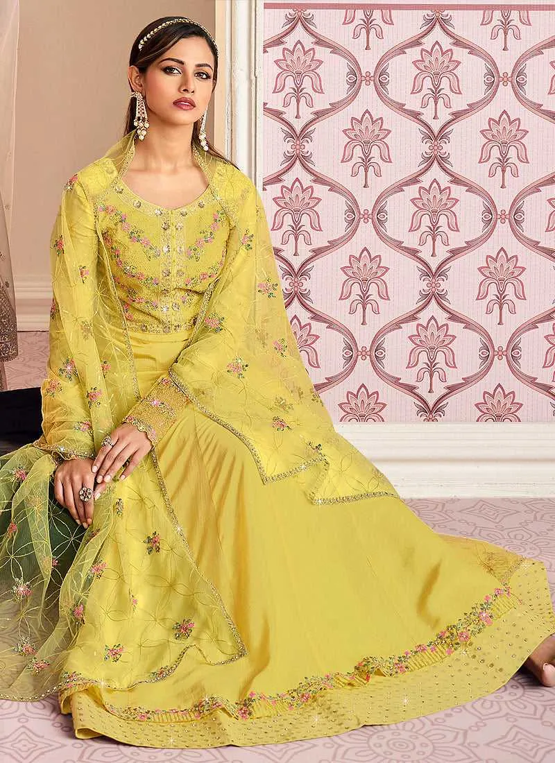 Yellow Floral Embroidered Designer Floor Touch Anarkali