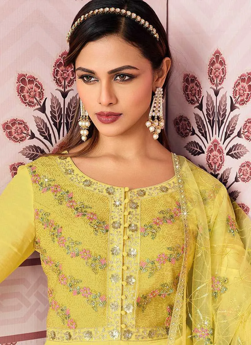Yellow Floral Embroidered Designer Floor Touch Anarkali