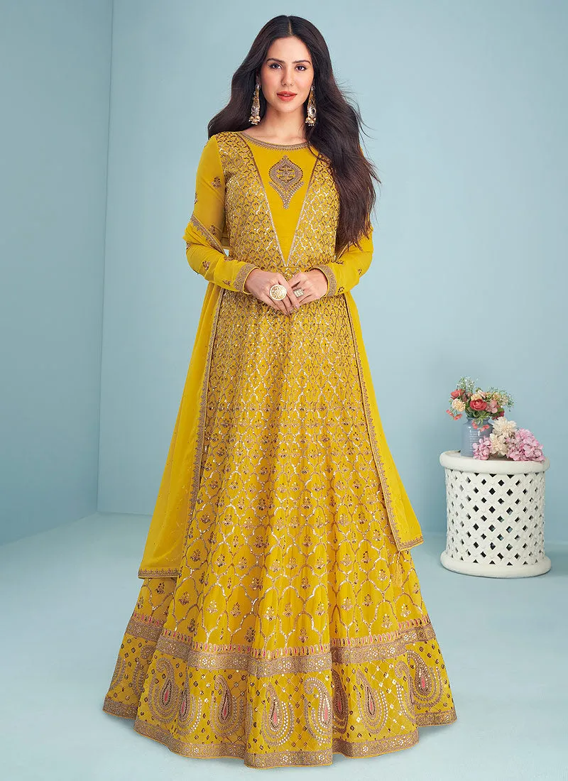 Yellow Gold Sequins Embroidered Kalidar Anarkali