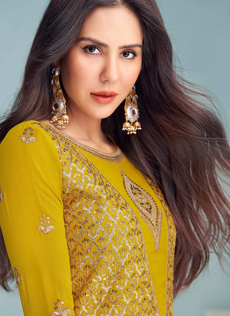 Yellow Gold Sequins Embroidered Kalidar Anarkali
