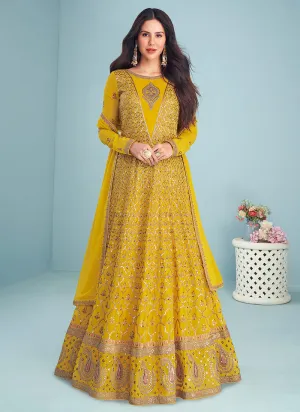 Yellow Gold Sequins Embroidered Kalidar Anarkali