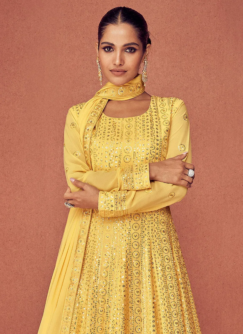 Yellow Golden Heavy Embroidered Floor touch Kalidar Anarkali