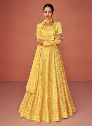 Yellow Golden Heavy Embroidered Floor touch Kalidar Anarkali