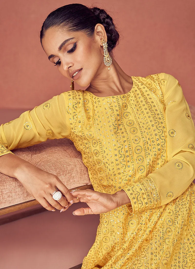 Yellow Golden Heavy Embroidered Floor touch Kalidar Anarkali