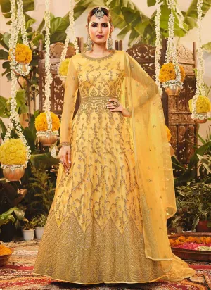 Yellow Heavy Embroidered Kalidar Anarkali