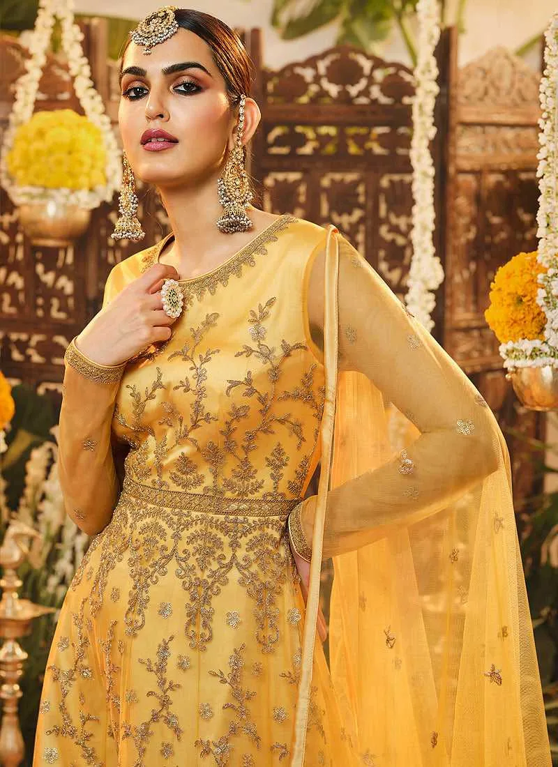 Yellow Heavy Embroidered Kalidar Anarkali
