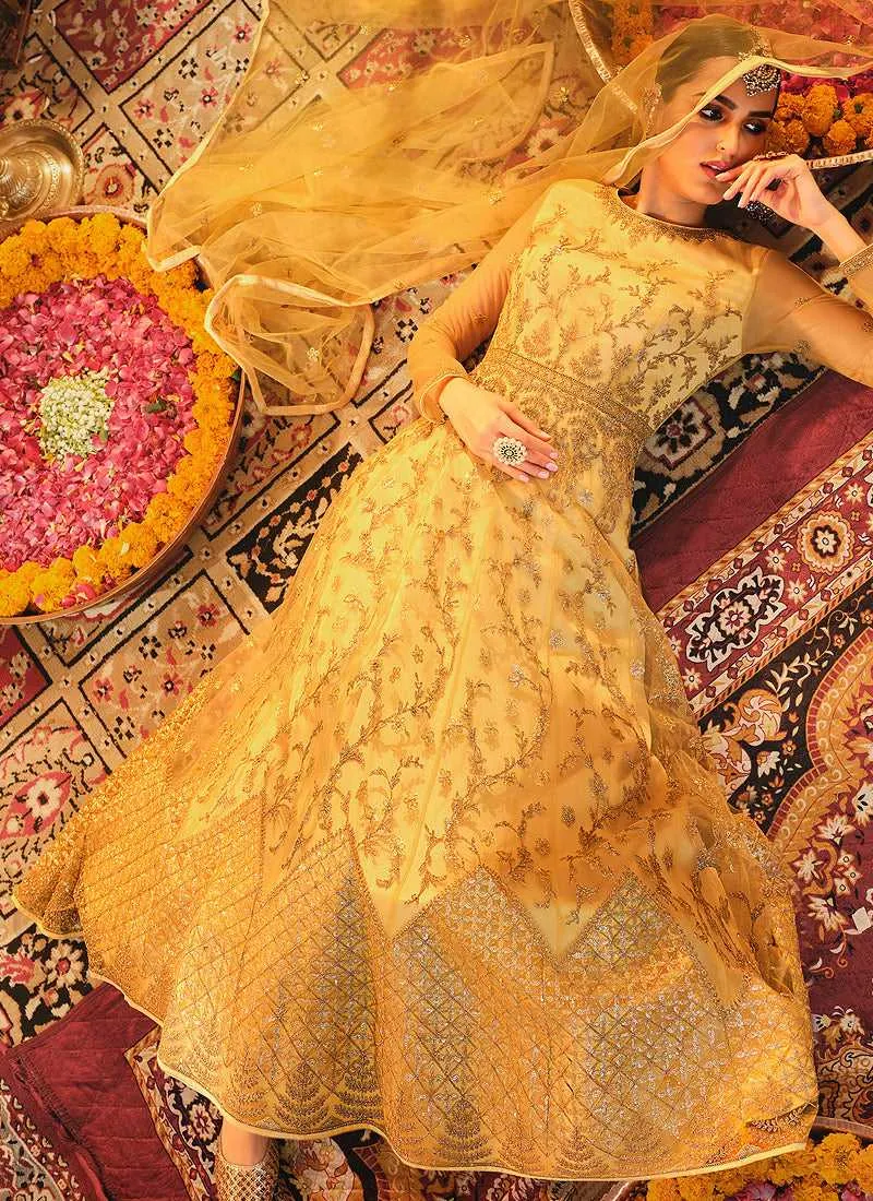 Yellow Heavy Embroidered Kalidar Anarkali