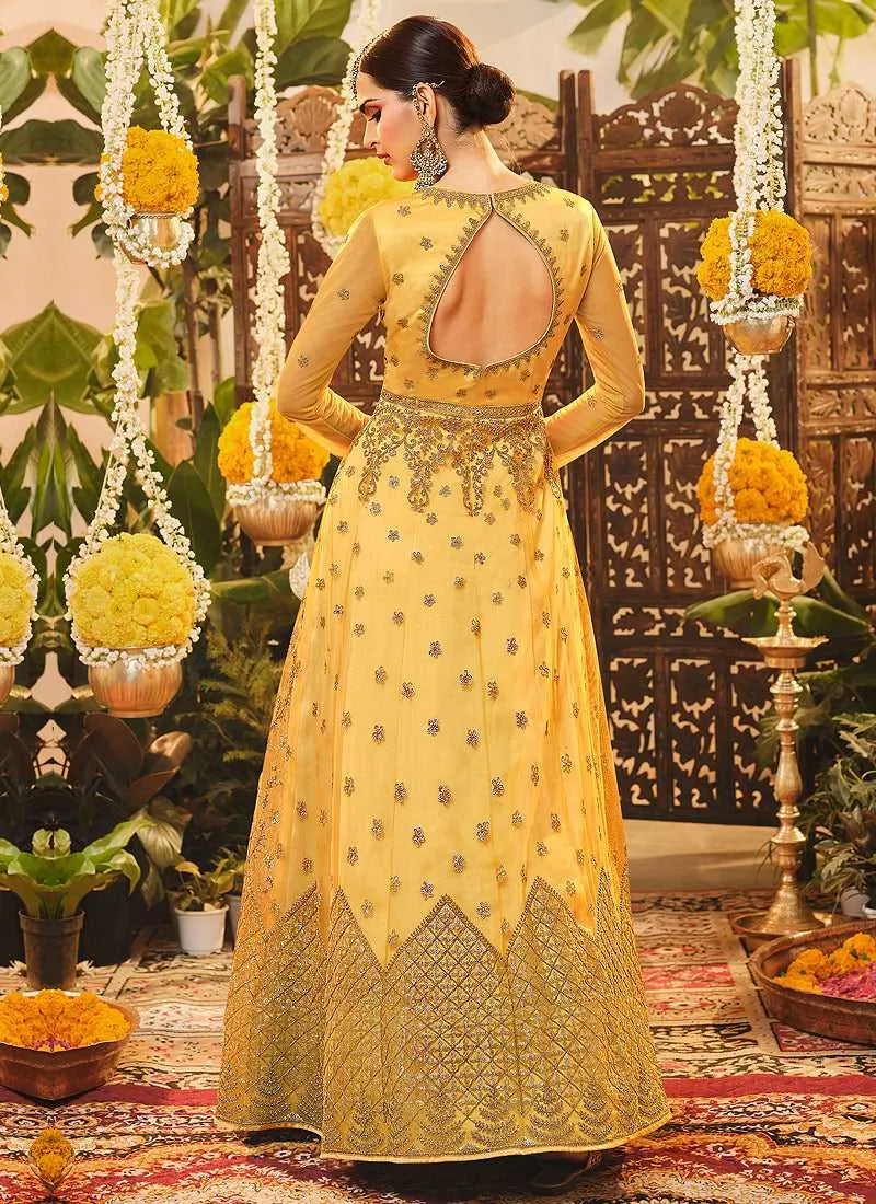 Yellow Heavy Embroidered Kalidar Anarkali
