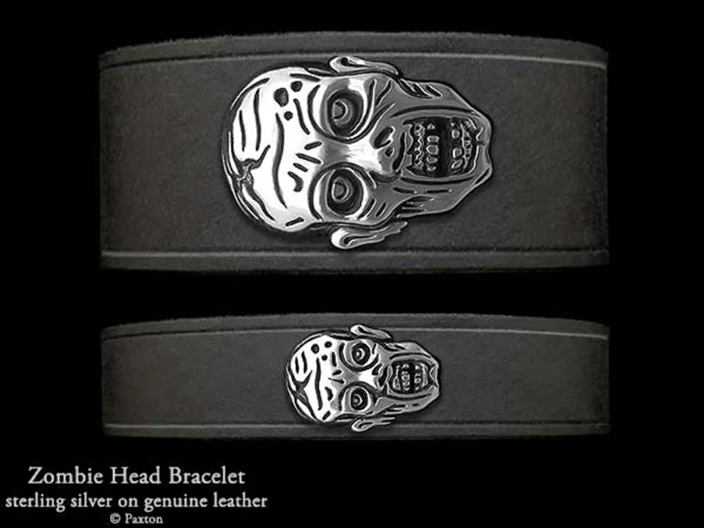 Zombie Head Bracelet Sterling Silver on Genuine Leather