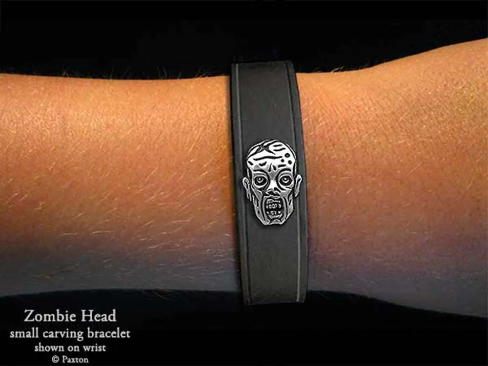 Zombie Head Bracelet Sterling Silver on Genuine Leather