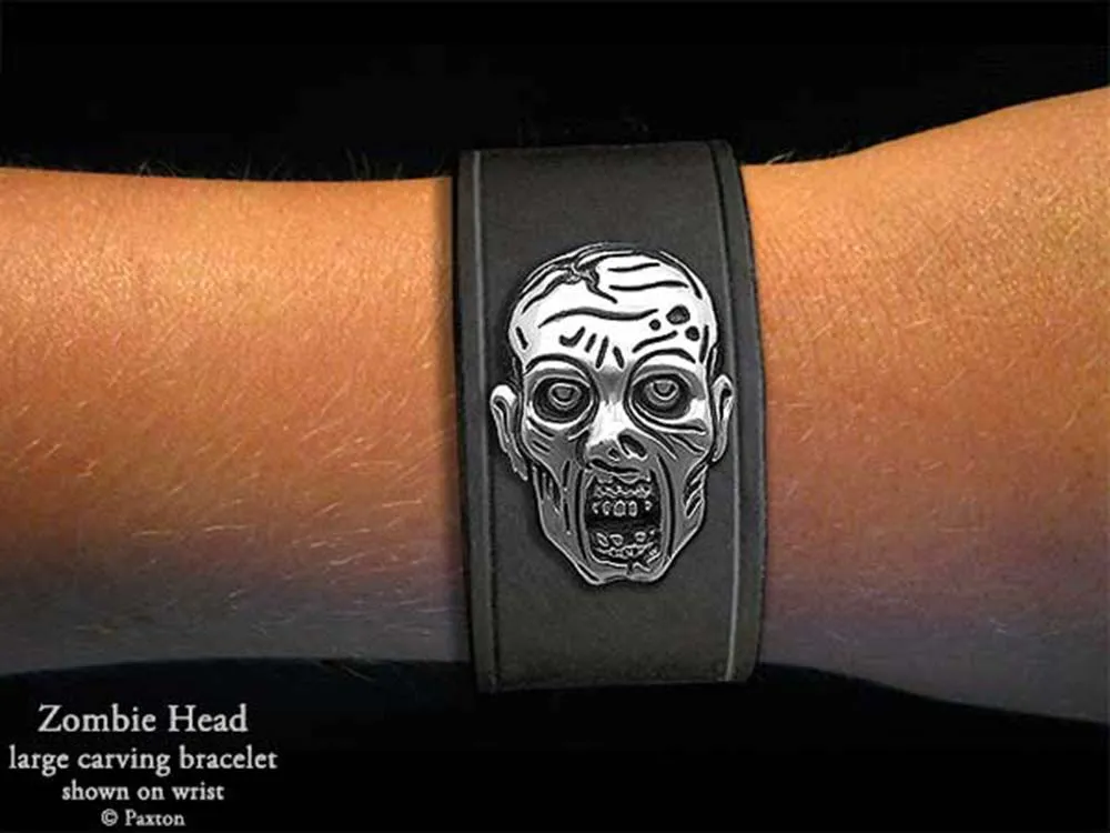 Zombie Head Bracelet Sterling Silver on Genuine Leather