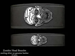 Zombie Head Bracelet Sterling Silver on Genuine Leather